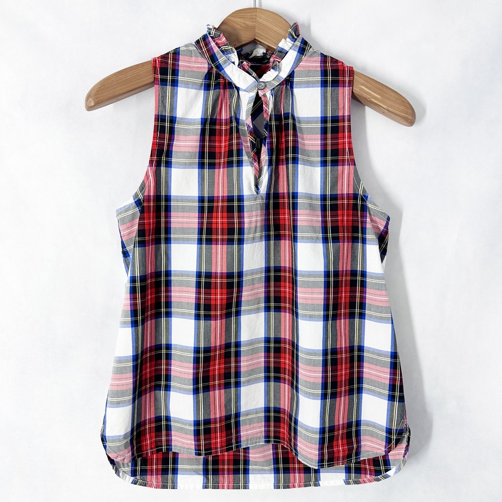 J. Crew Cotton Sleeveless Red Navy White Plaid Ruffle Neck Top Women's Size 4